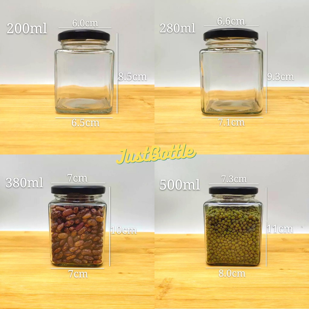 HŨ THỦY TINH VUÔNG 100ml 200ml 280ml 500ml 730ml LỌ ĐỰNG GIA VỊ miệng rộng nắp nhôm đựng gia vị mật ong lớn nhỏ