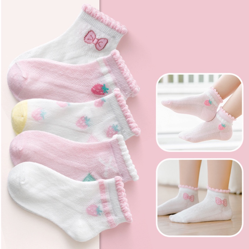 Bộ 5 Đôi Vớ Cotton Mỏng Thoáng Khí Thấm Hút Mồ Hôi In Họa Tiết Dâu Tây Hoạt Hình Dễ Thương Dành Cho Bé Gái