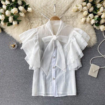 Áo sơ mi cổ nơ tay bèo tầng ulzzang   200421