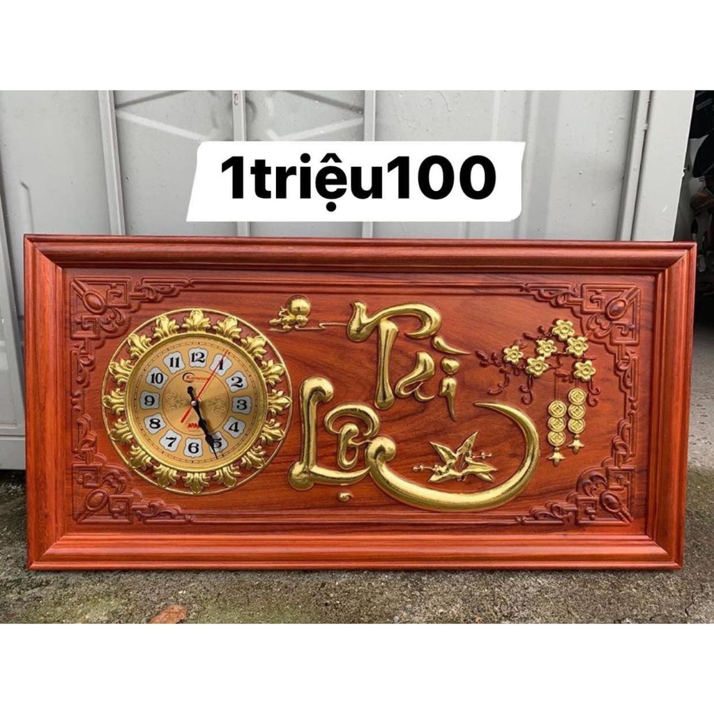 Tranh đồng hồ treo tường gỗ hương dát vàng chạm chữ cỡ 41-81
