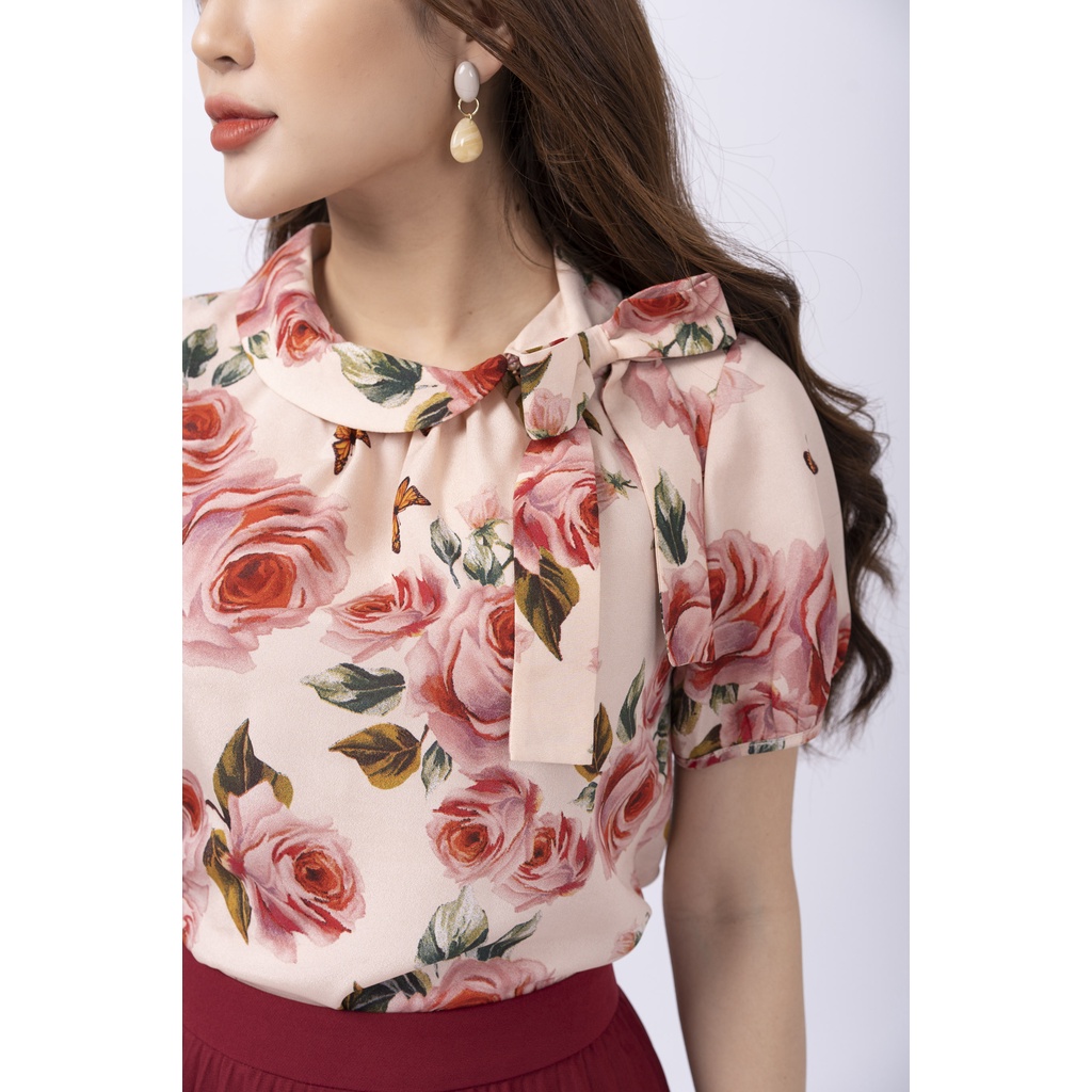 Áo sơ mi nữ FIONA dáng suông sơ mi công sở tay bồng cổ bẻ nhún ngực xẻ trước đính nơ trang trí F552158