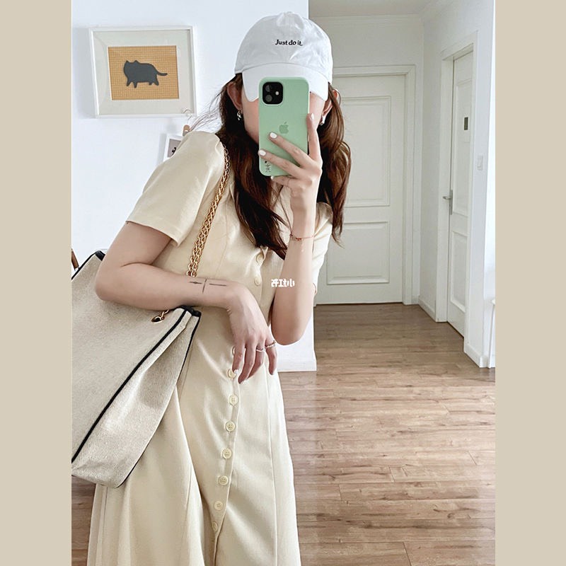 Đầm babydoll dáng dài chữ A đính cúc Hàn Quốc