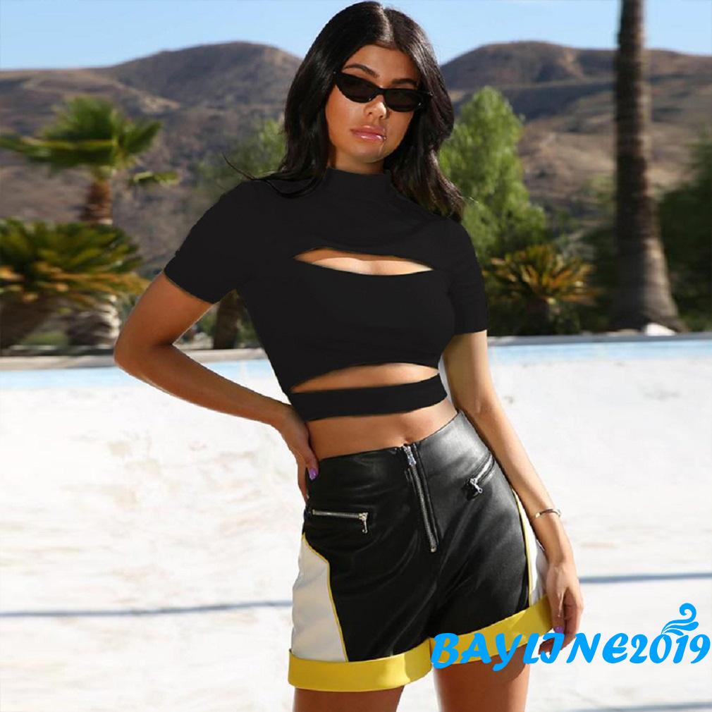 Áo thun ngắn ngắn tay cổ lọ thời trang cho nữ