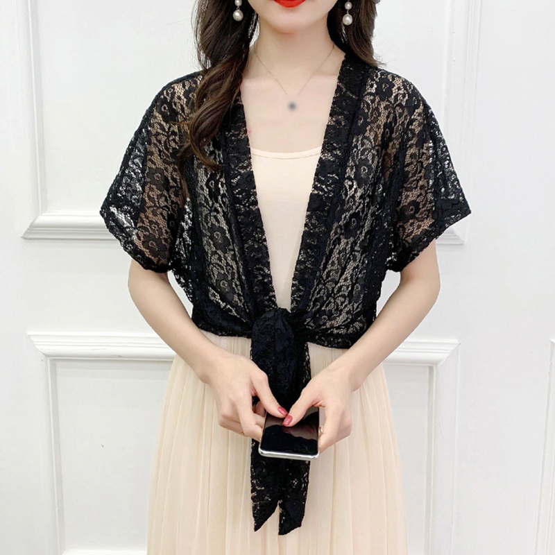 Áo Cardigan Tay Ngắn Vải Ren Lưới Xuyên Thấu Thắt Dây Phía Trước Thời Trang Mùa Hè Cho Nữ