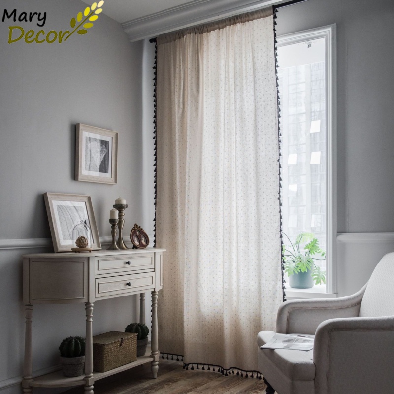 Rèm cửa ngắn trang trí vải bố linen đậm chất vintage - họa tiết Hoa cúc trắng R-I02