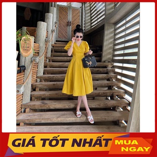 Váy Nữ Chất Thô Mềm Cổ Chữ V Tay Bồng Dáng Xòe Hàng Quảng Châu M2312