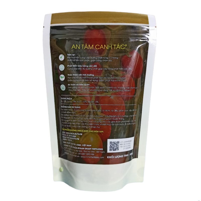 Phân bón tan chậm Rynan NPK 18-08-22 - Túi 500g  dùng cho rau củ quả, cây ăn trái, cây kiểng