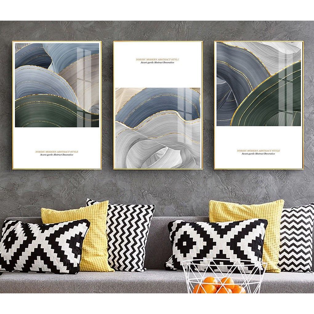 Set Bộ 3 Tranh Combo Treo Tường Canvas Trừu Tượng Dải Màu Xám Xanh Trắng Tối Giản Sang Trọng Hiện Đại Decor Khách Sạn