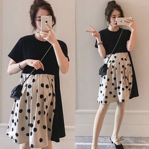 Bà bầu mùa hè váy ngắn tay dài giữa thời trang Hàn Quốc mùa hè mới rộng rãi cộng với kích thước váy bà bầu mùa hè