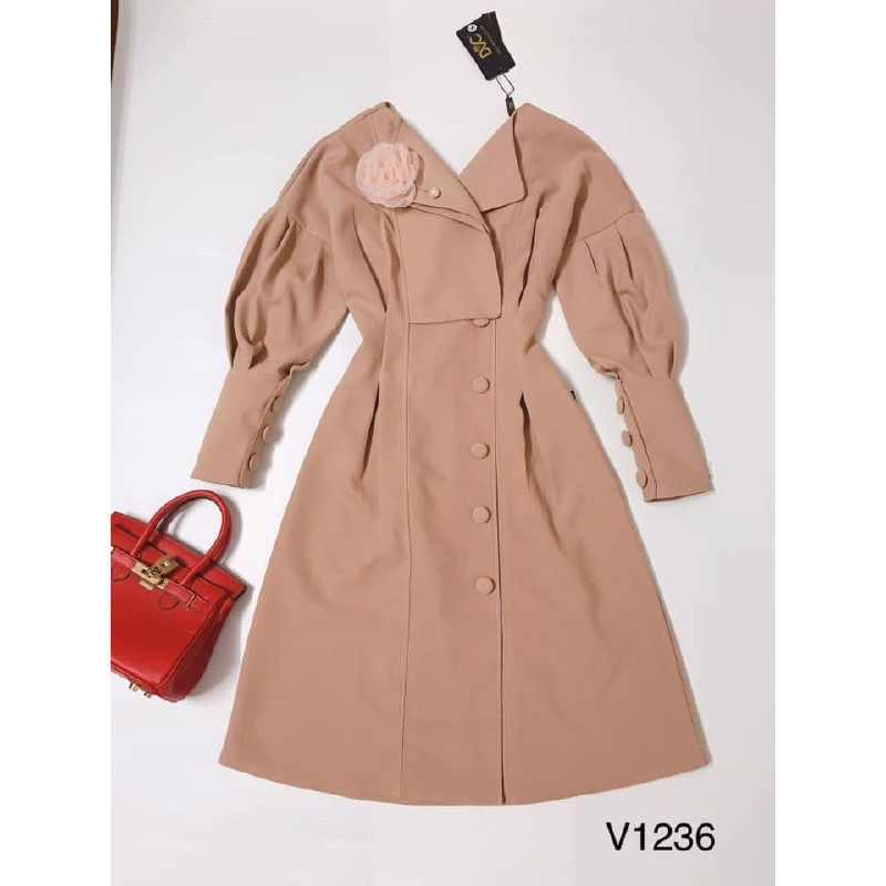 [ xả kho ] MiD Đầm nâu cổ V tay bồng lỡ đính hoa V1236 kèm ảnh thật