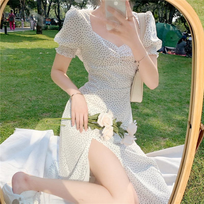 Đầm Dáng Ôm Xẻ Tà Họa Tiết Chấm Bi Phong Cách Pháp Thời Trang Mùa Hè Hàng Mới 2022