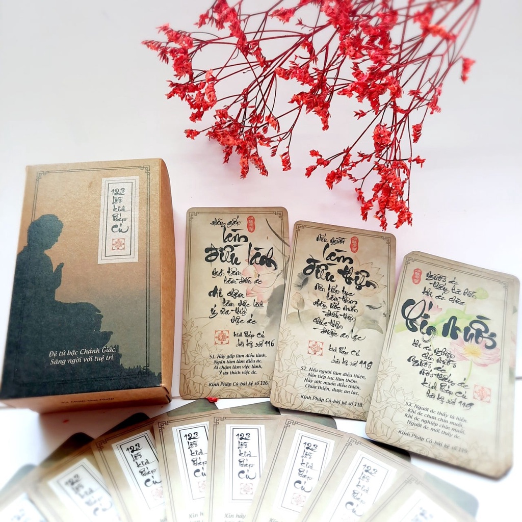 Bộ bài thư pháp 123 LỜI KINH PHÁP CÚ | 123 lá | 7cm x 13cm | Lá duyên