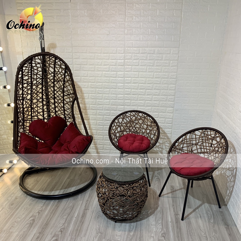 Bộ Xích Đu Nhựa Giả Mây Cao Cấp Có Bàn Và Ghế Để Sân Vườn Hoặc Ban Công Mẫu Tay C Cách Điệu