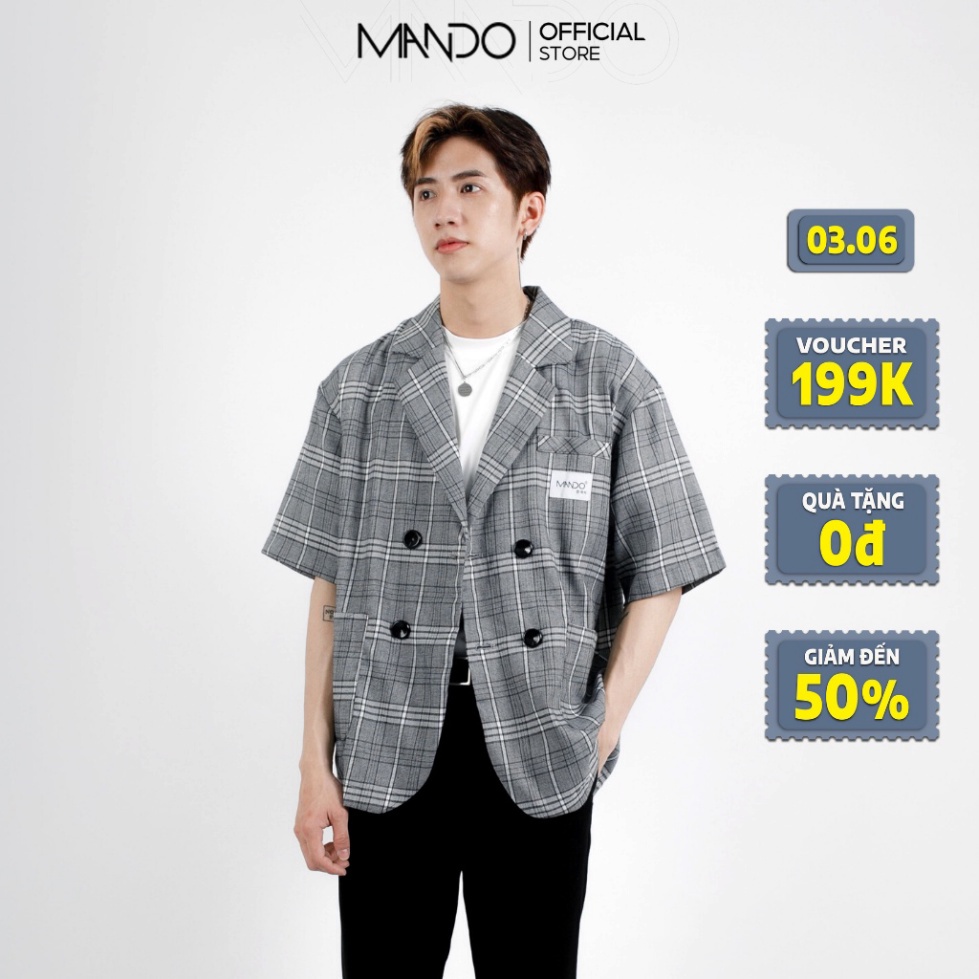 (Sỉ) Áo Blazer Vest 1 Lớp Nam MANDO Tay Lỡ Vải Tuysi Họa Tiết Caro Xám 2 Hàng Khuyu Basic Unisex Thời Trang Hàn Quốc AVH