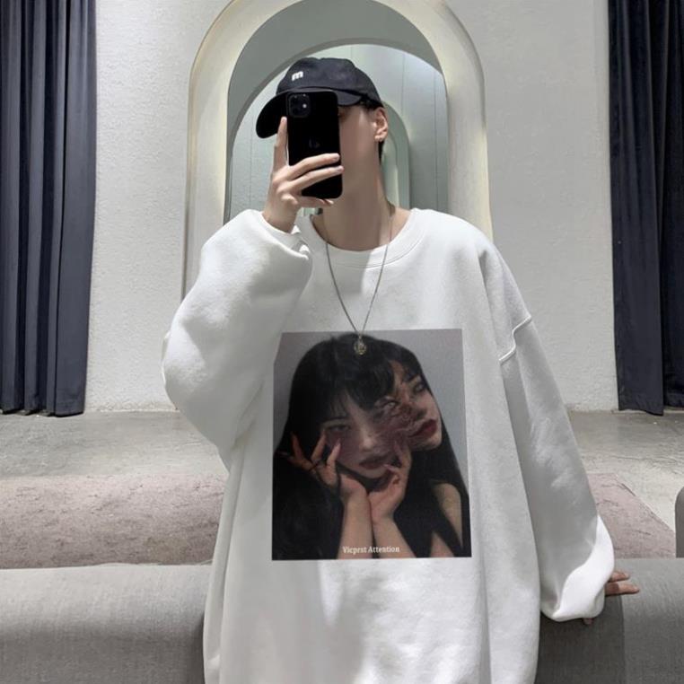 Áo sweater in hình mặt cô gái nam nữ form rộng oversize