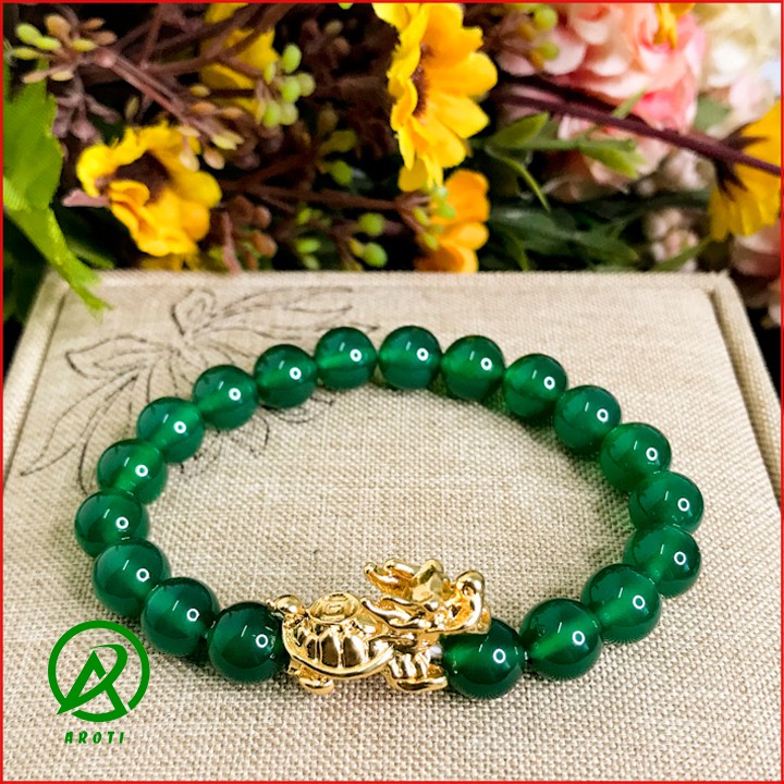 Vòng Tay Phong Thủy Mệnh mộc - Vòng Tay Mã Não Xanh Lá 8mm Mix Long Quy Vàng Độc Lạ V379-8