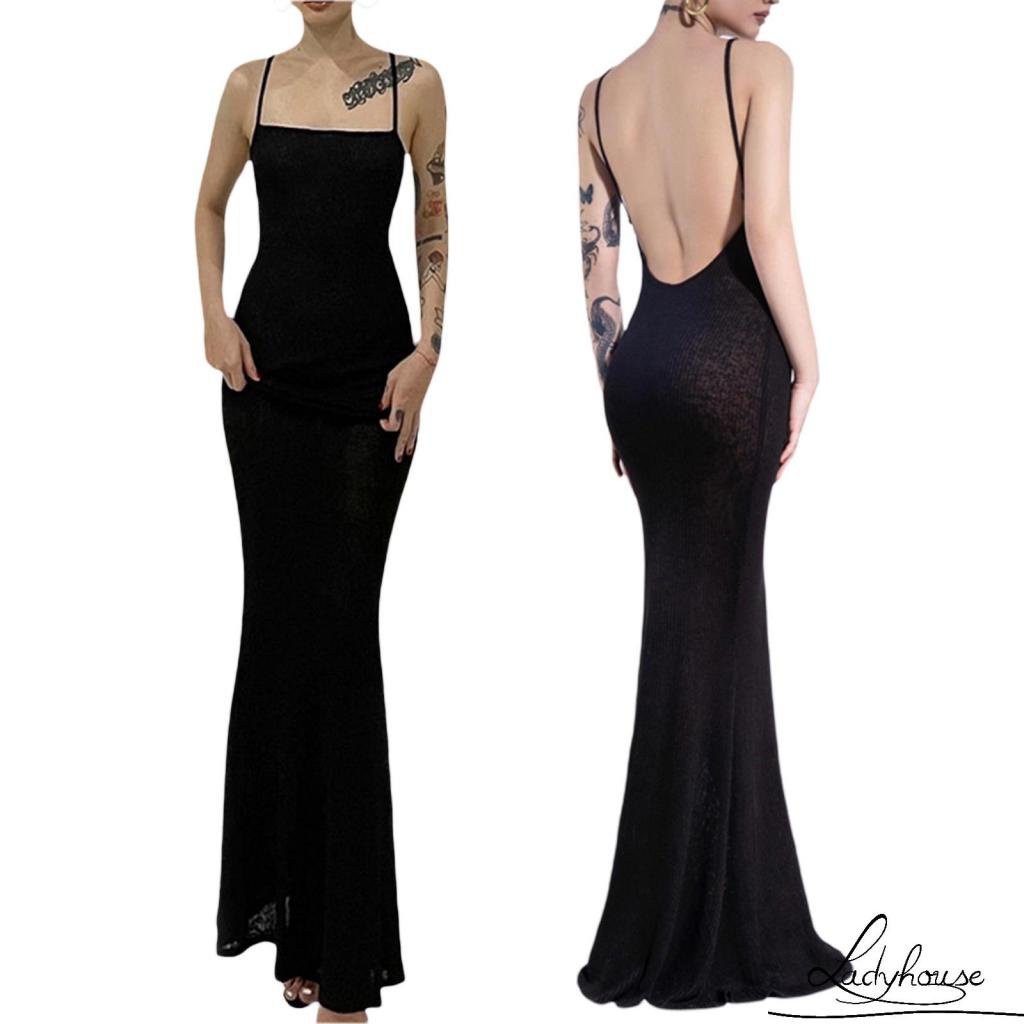 Ldd-đầm Dài Hai Dây Hở Lưng Màu Trơn Mùa Hè Size S / M / L