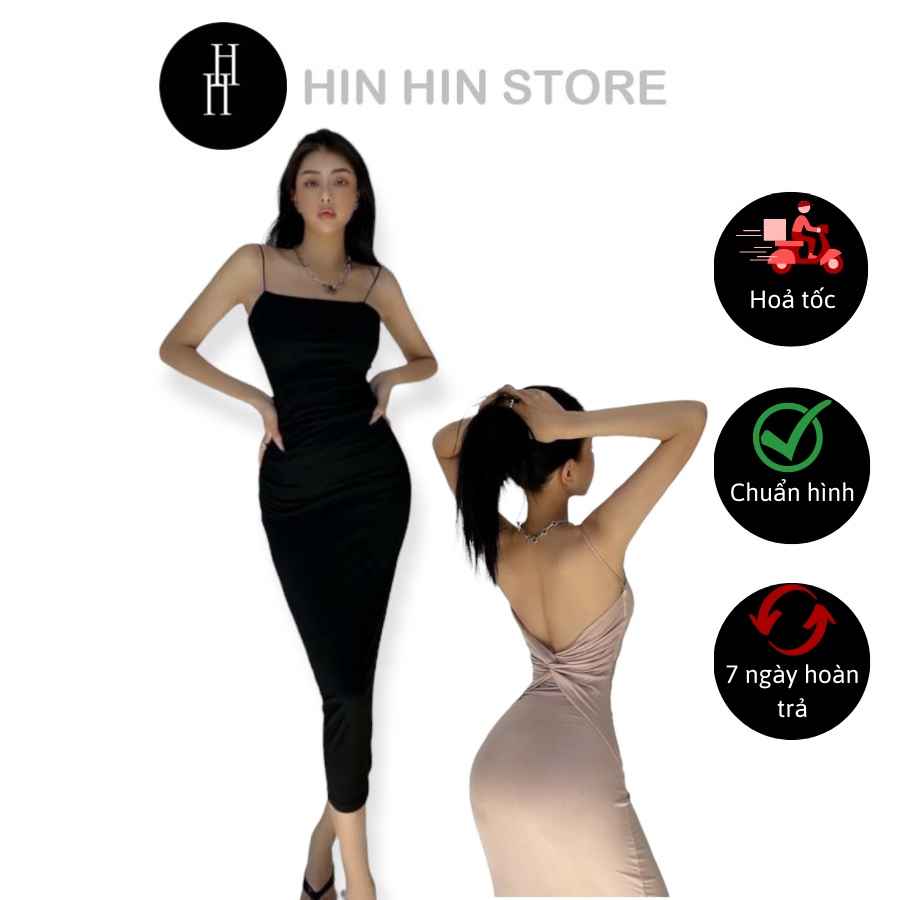 Đầm ôm body hở lưng dài qua gối màu đen & nude HDT260 Hỉn Hỉn Store