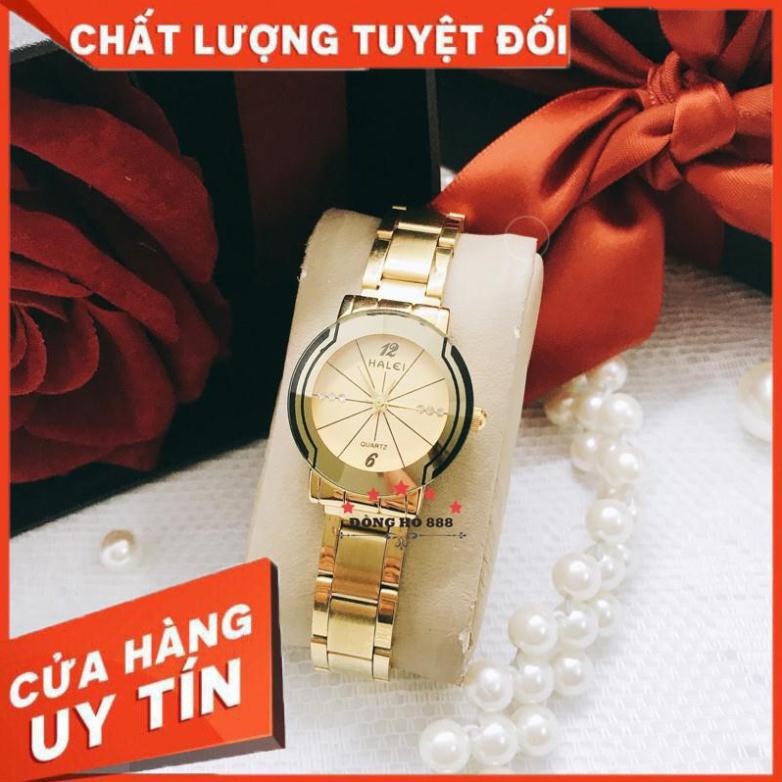 FREESHIP - Đồng hồ nữ Halei dây vàng mặt tròn sang chảnh, chống nước chống xước - HL457 | BigBuy360 - bigbuy360.vn