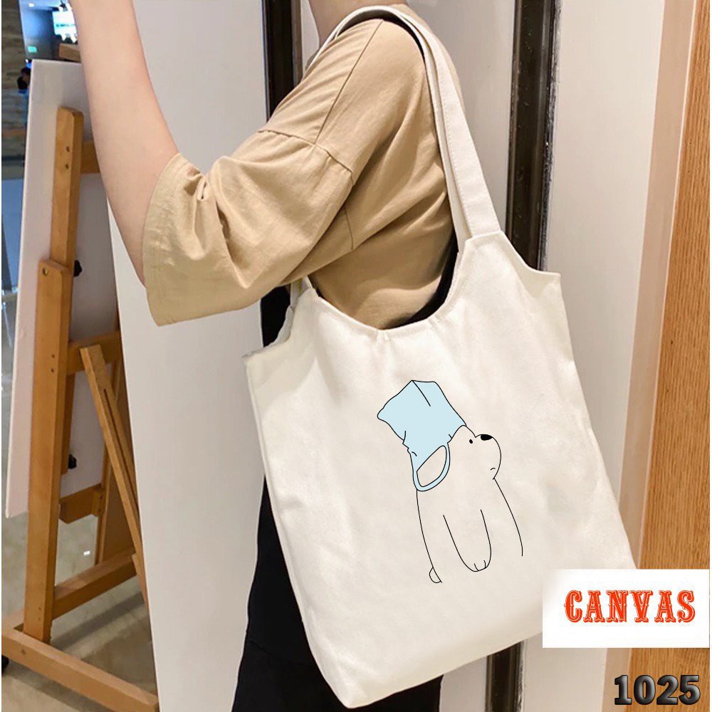 Túi Tote Trắng Vải Canvas Mềm Min Có Khóa Miệng 512 1025 Bear Ngáo Ngơ Mang Dạo Phố Cực Xinh