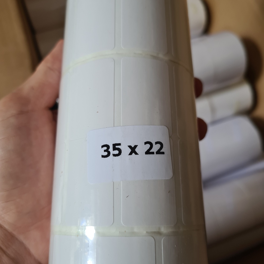 Giấy in mã vạch, decal nhiệt, cuộn in tem, 2 tem một hàng, cuộn 2000 cái 35x22