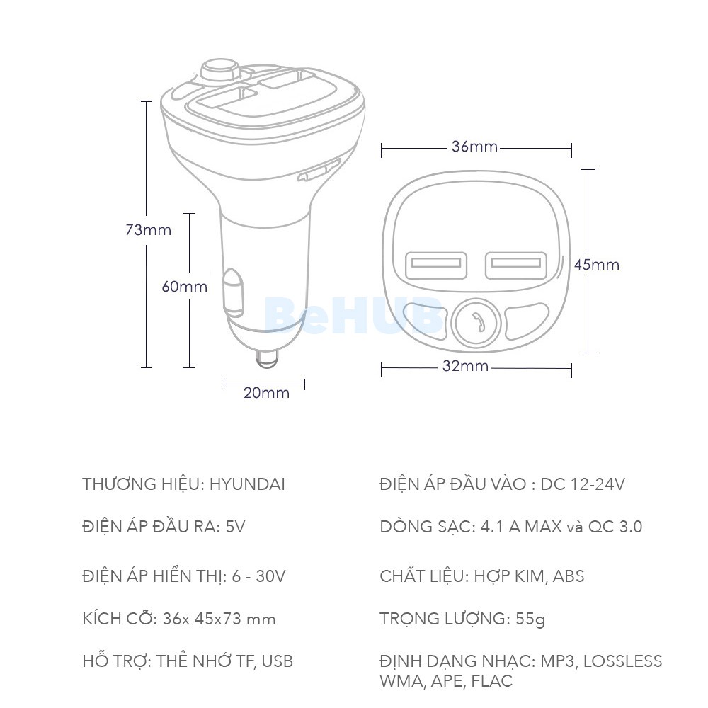 Tẩu Hyundai nghe nhạc MP3 Radio thẻ nhớ kiêm sạc nhanh USB 3.0