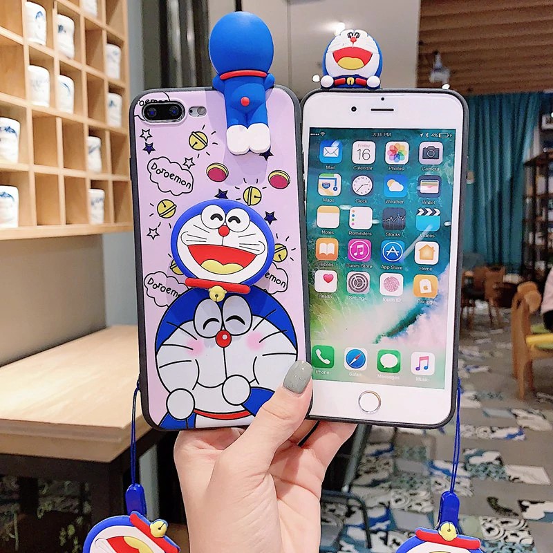 Ốp điện thoại mềm họa tiết Doraemon dễ thương có giá đỡ + dây đeo cho Xiaomi Mi 5X A1 6 6X A2 8 SE 9 CC9