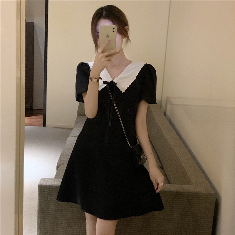 Đầm Đen Tay Phồng Cổ Chữ V Nhấn Eo Phong Cách Pháp Cổ Điển Thời Trang Mùa Hè Cho Nữ