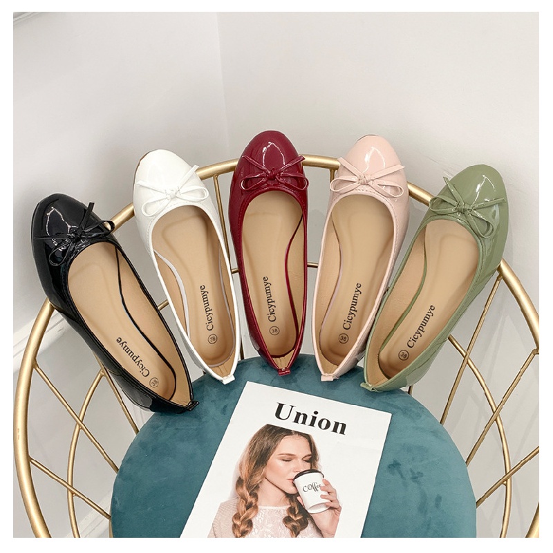 Giày Búp Bê Da Bóng Mũi Tròn Thoải Mái Màu Trơn Đính Nơ Thời Trang Mùa Thu Cho Nữ