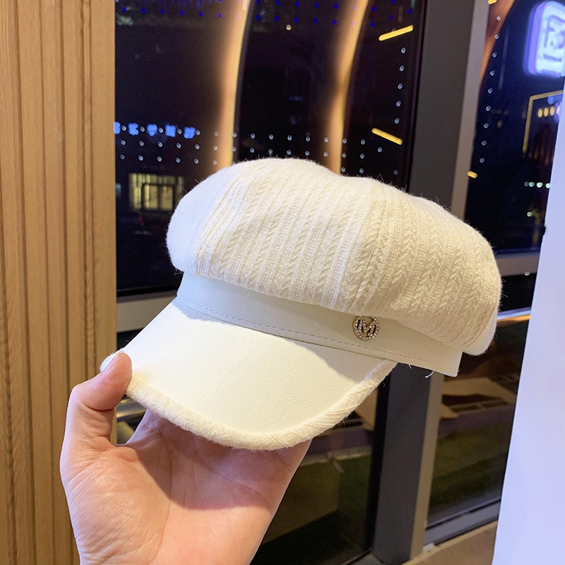 Mũ beret nữ thời trang vành da PU phối cotton 3 màu