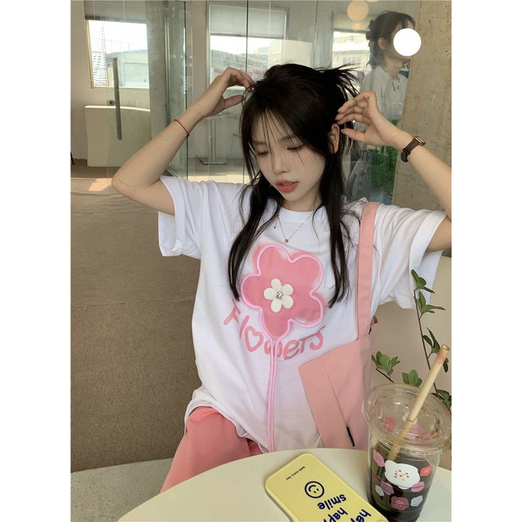 Áo Thun Ngắn Tay In Họa Tiết Hoa Ba Chiều Phong Cách Hàn Quốc Mới Cho Nữ