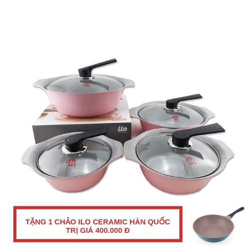 Bộ nồi nhôm đúc ILO Hàn Quốc hợp kim phủ sứ tặng 1 chảo ceramic