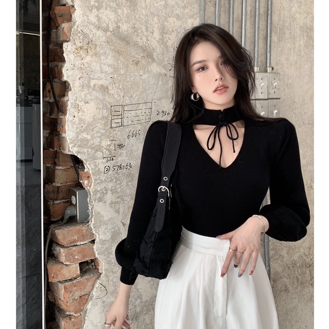 Áo Len Bằng Vải Dệt Kim Tay Phồng Dài Cổ Chữ V Thời Trang Hàn Quốc Sành Điệu Cho Nữ