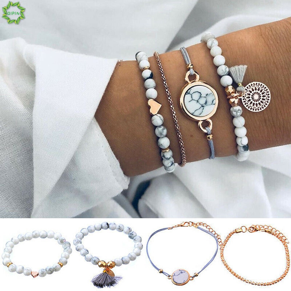 Bộ 4 vòng tay chuỗi hạt tròn phong cách Bohemian kiểu dáng cổ điển