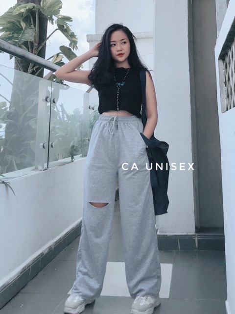 Quần Nỉ Thun Ống Rộng Rách Gối IRU Jem Closet Nam Nữ Unisex ( Hình Thật + 2 màu ) | WebRaoVat - webraovat.net.vn