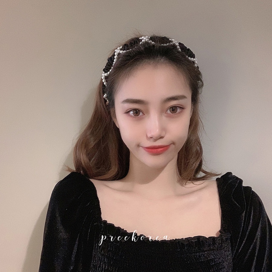 Băng đô cài tóc vải nhung đính hạt ngọc trai nhân tạo phong cách Hàn Quốc mới