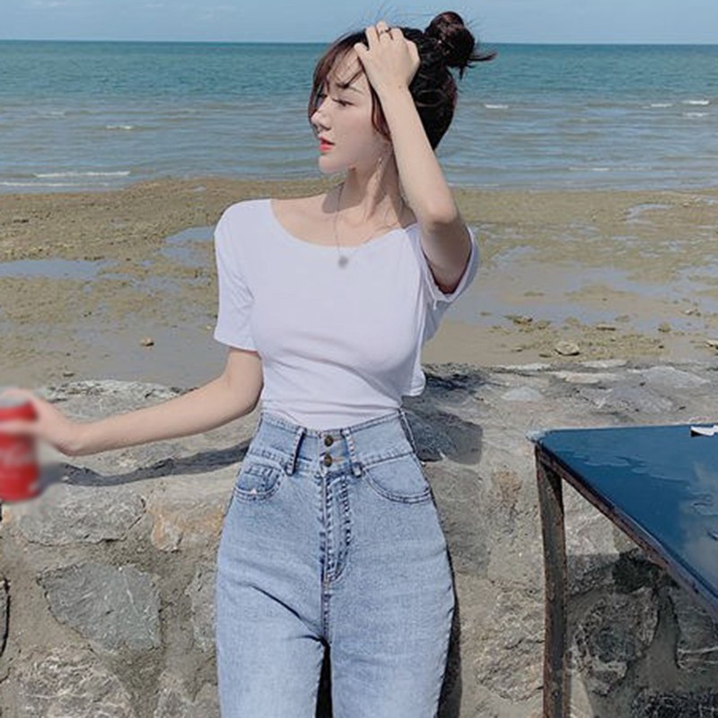 Áo Thun Tay Ngắn Cổ Tròn Phối Nơ Sau Lưng Thiết Kế Màu Trơn Thanh Lịch