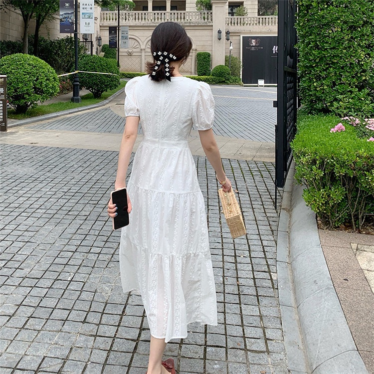 Váy trắng nữ hoa nổi đầm tiểu thư nhẹ nhàng sang trọng kín đáo chụp ảnh dạo phố dự tiệc Kawaii Mise