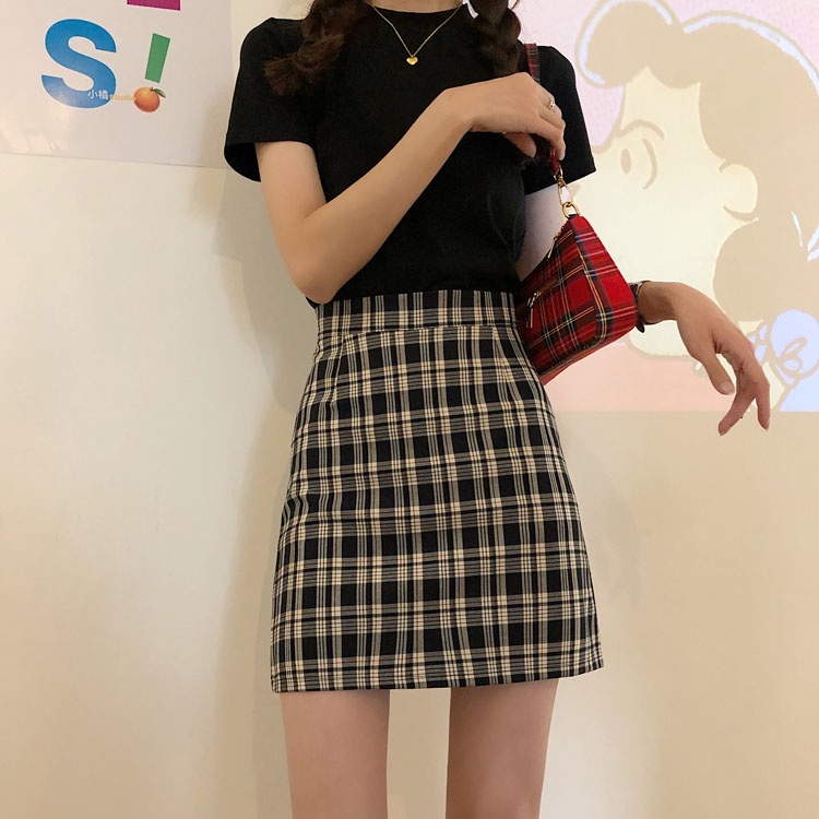 Chân váy chữ A SUXI lưng cao họa tiết sọc caro thời trang phong cách Hàn Quốc cho nữ