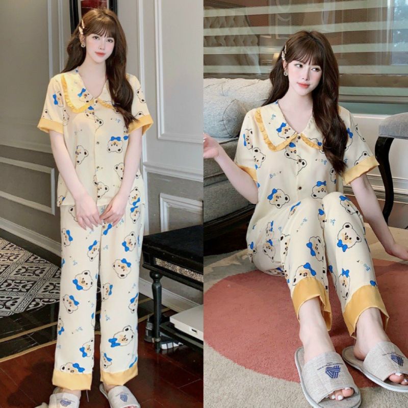 Bộ pijama tay ngắn quần dài cổ bèo tiểu thư lụa mango cao cấp