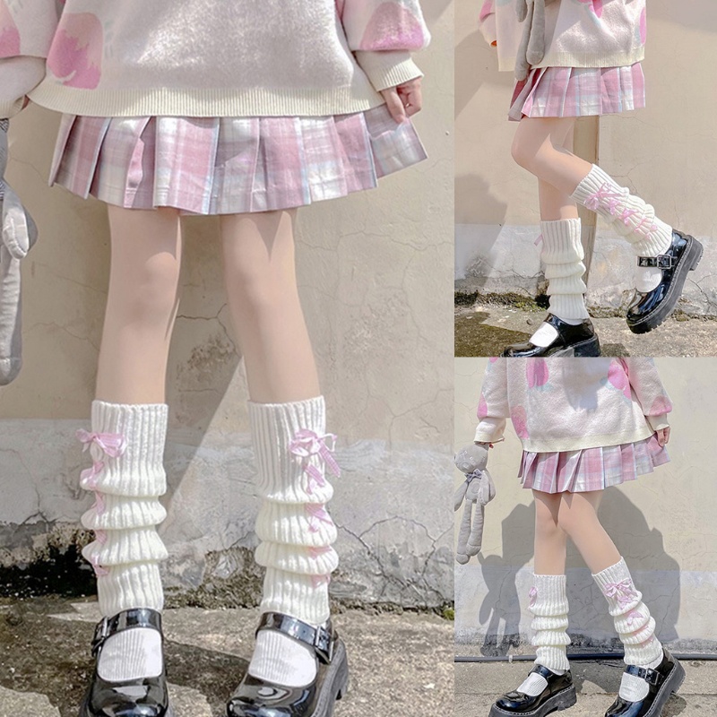 Cặp ống bao chân dệt kim có gân thun trang trí ruy băng thắt nơ đan chéo phong cách lolita nhật bản thời trang cho nữ