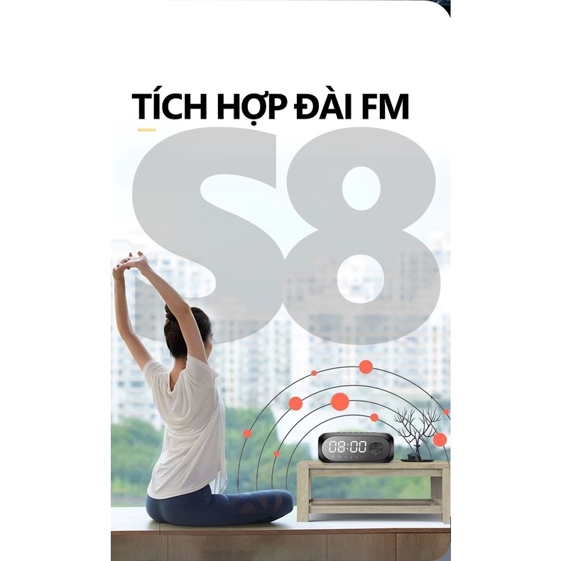 Loa bluetooth không dây mini S8, đồng hồ để bàn decor báo thức làm đèn ngủ đo nhiệt độ phòng