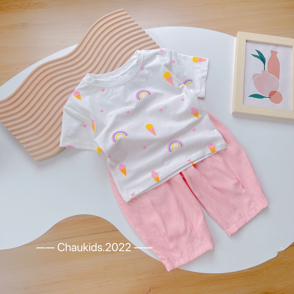 Set Áo Thun Cotton Tay Ngắn + Quần Hồng❤M0022❤Thời Trang Mùa Hè Hàn Quốc Cho Bé Gái