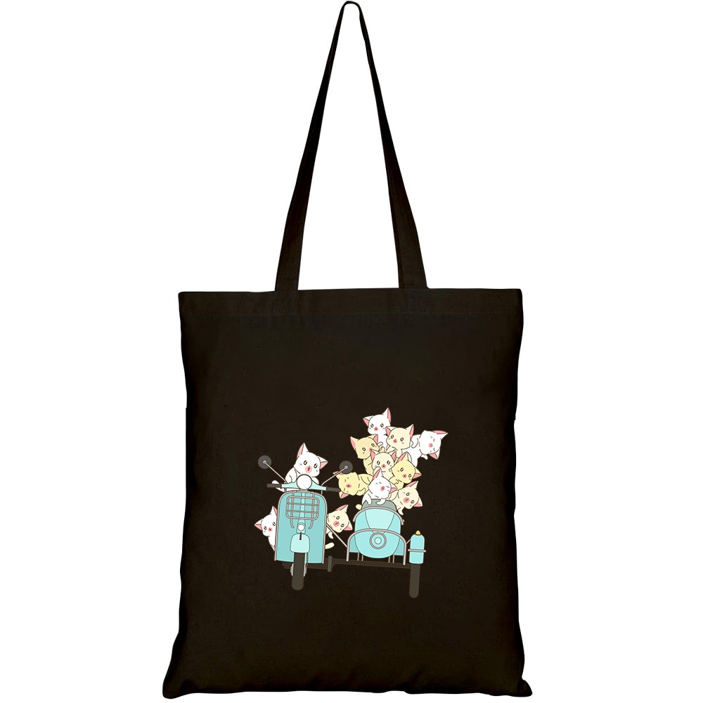 Túi vải tote canvas HTFashion in hình drawn kawaii rider cat friends with motorcycle HT170