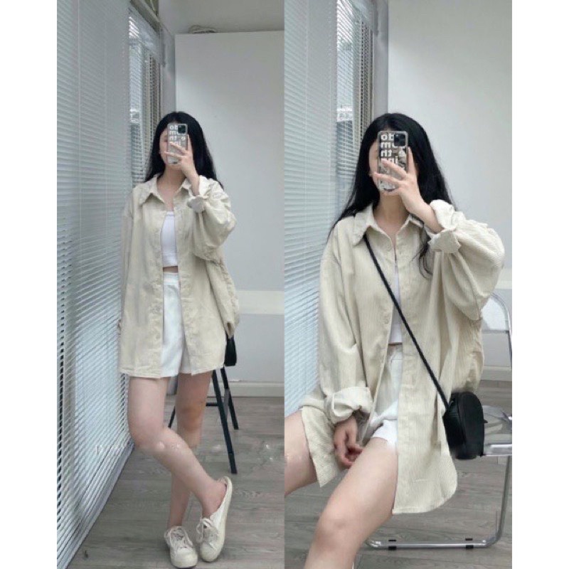 Áo sơ mi nhung tăm hai màu vintage - sơ mi phong cách hàn quốc mixmatch mọi outfit