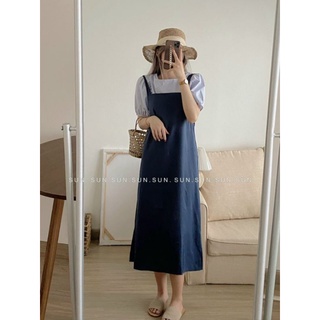 set đầm yếm dáng dài trơn basic hàn Quốc