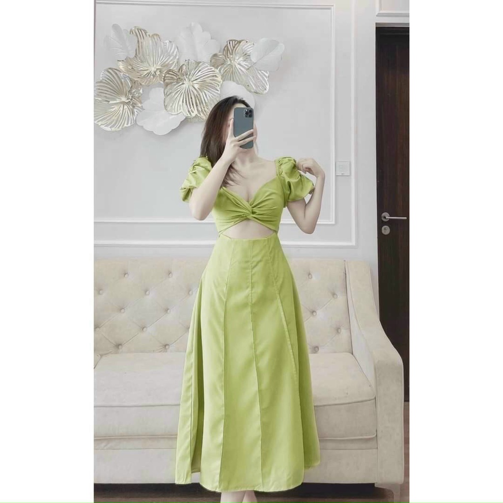 Đầm thời trang nữ mặc đi chơi chất lụa mịn xoắc ngực tay búp ngắn dáng váy suông dài nhiều màu