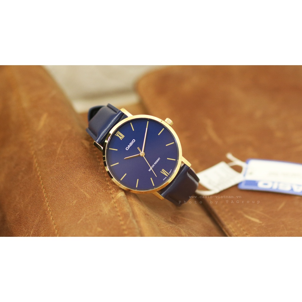 Đồng hồ Nam Casio MTP-VT01GL-2B, đồng hồ chính hãng, dây da trơn xanh mặt xanh, viền vàng