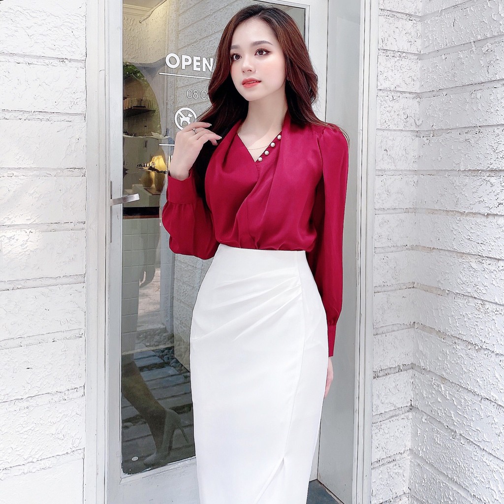 Áo sơ mi nữ cách điệu cổ V, áo lụa cổ chéo cúc ngọc trắng trơn A941 KYMIE
