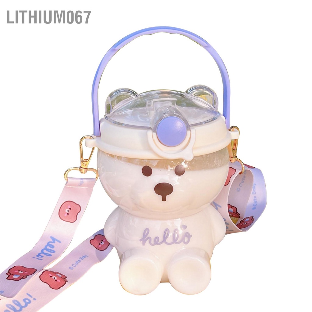 Lithium067 Bình Nước Nhựa Hình Gấu Dễ Thương Dung Tích Lớn Có Ống Hút Và Dây Đeo Cho Bé Gái Vào Mùa Hè 1000ML Niêm phong tốt Thiết kế bằng rơm cho trẻ em với dây đeo có thể điều chỉnh